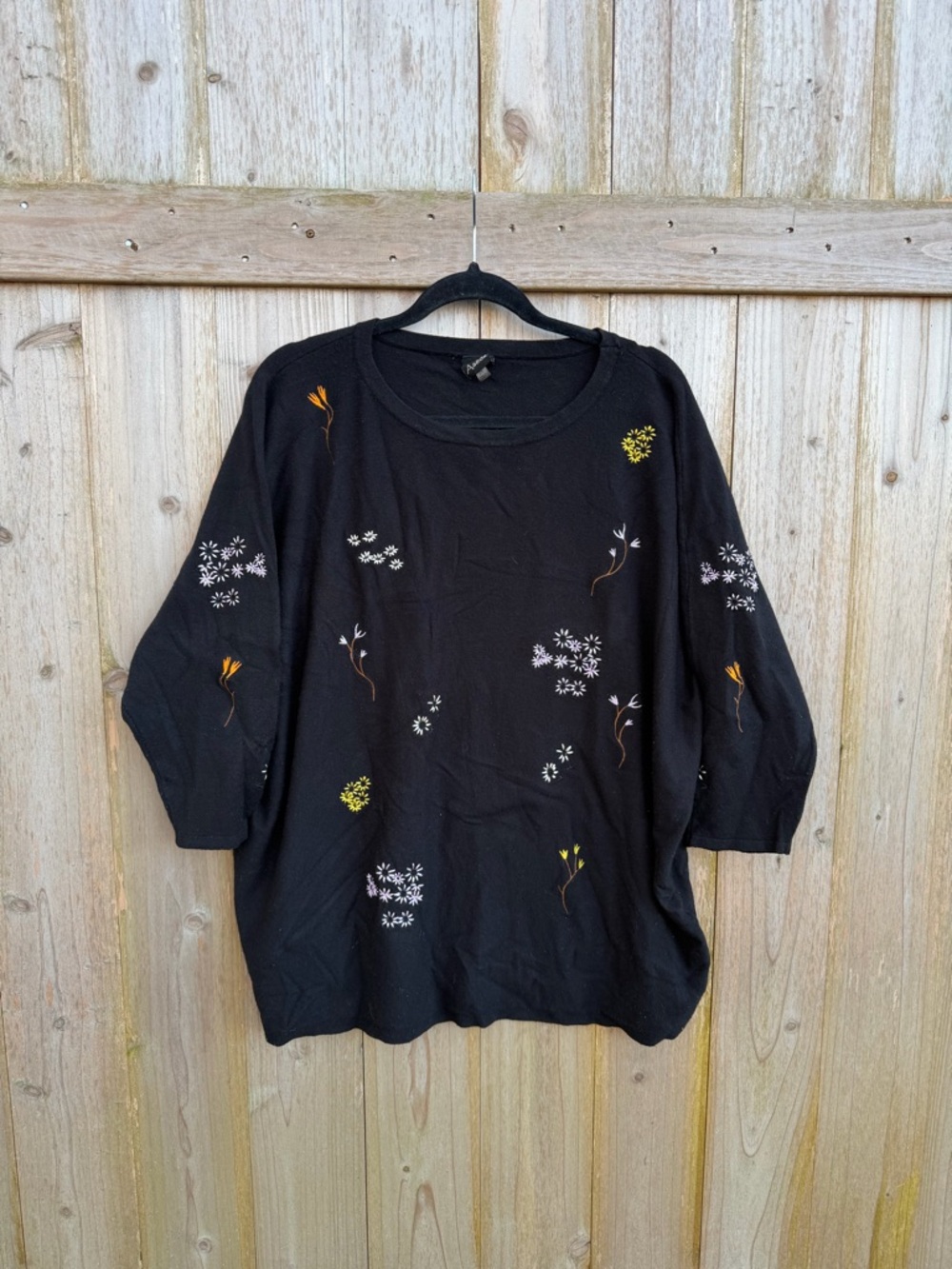 Aaeda Women’s Black Floral Embroidered Women's Pullover 3/4 Sleeve Sweater